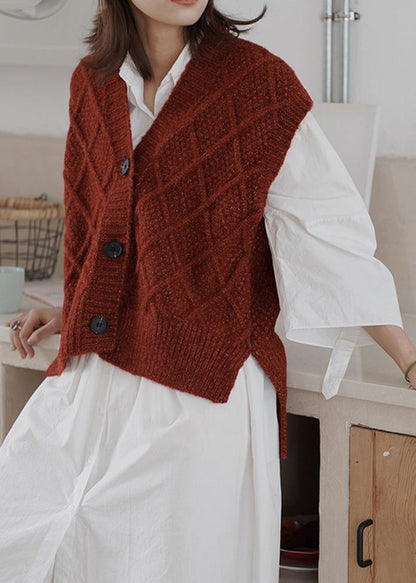 Burgundy Sweater Tops Loose Fitting Sleeveless Knitwear V Neck