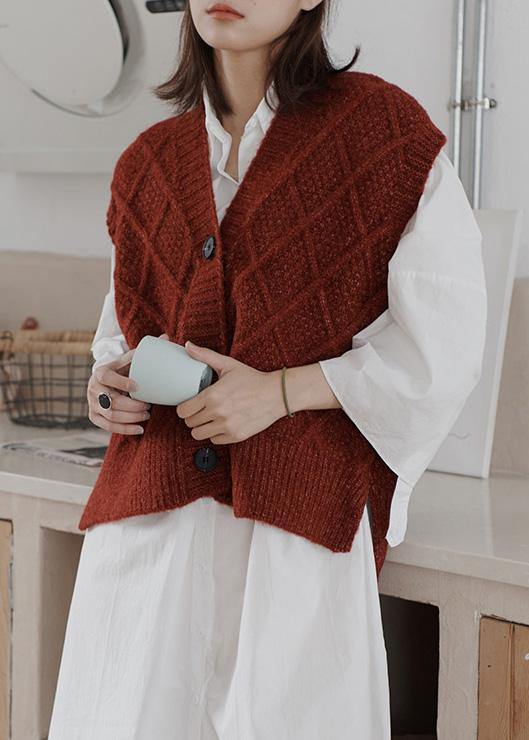 Burgundy Sweater Tops Loose Fitting Sleeveless Knitwear V Neck