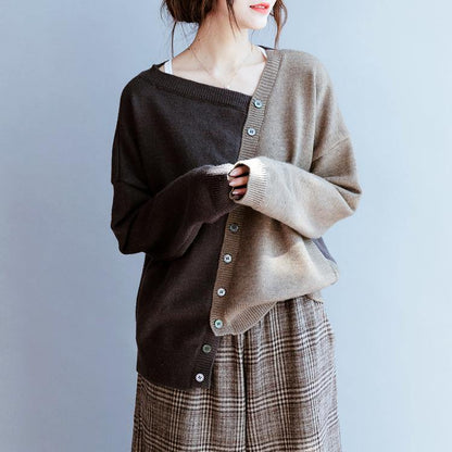 Fall Chocolate Knitted Blouse V Neck Patchwork Sweater Tops