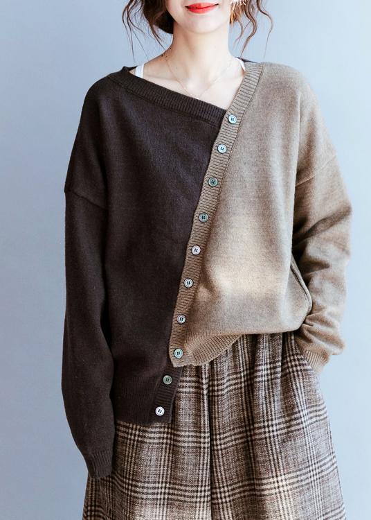 Fall Chocolate Knitted Blouse V Neck Patchwork Sweater Tops