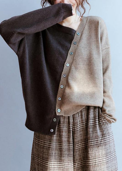 Fall Chocolate Knitted Blouse V Neck Patchwork Sweater Tops