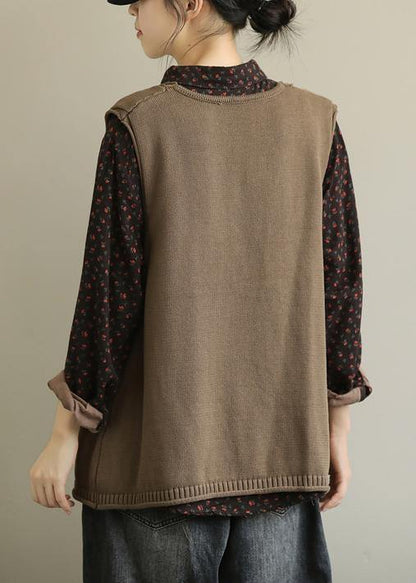 Fall Knit Outwear Brown V Neck Sleeveless Knitted Cardigans