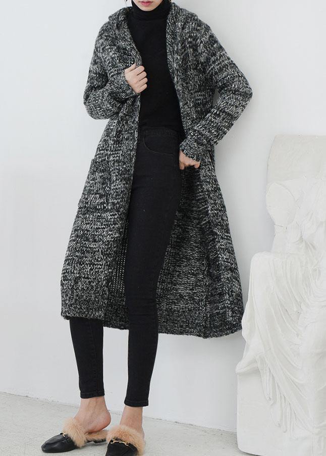 Fall Knitted Coat Gray Hooded Pockets Sweater Coat