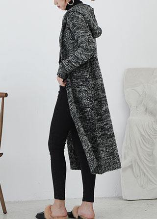 Fall Knitted Coat Gray Hooded Pockets Sweater Coat