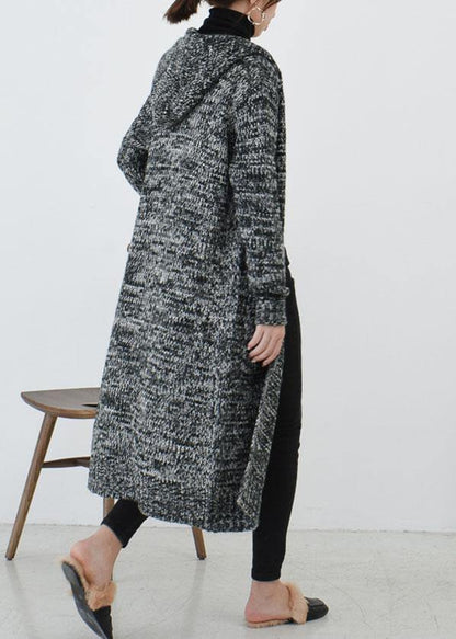 Fall Knitted Coat Gray Hooded Pockets Sweater Coat
