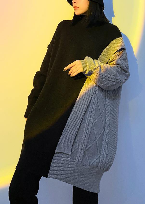 Gray Clothes for High Neck Patchwork Knitwear