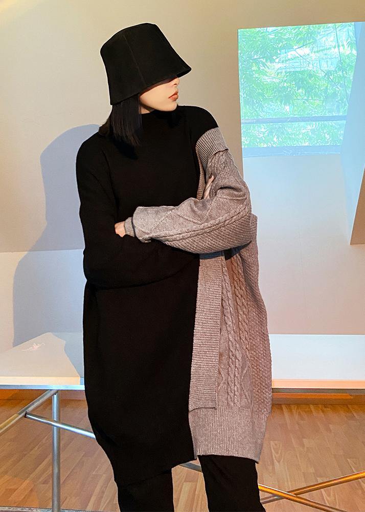Gray Clothes for High Neck Patchwork Knitwear