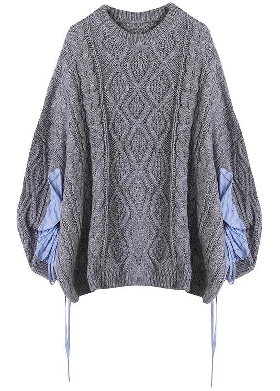 Gray Knitted Blouse O Neck Patchwork Clothes for