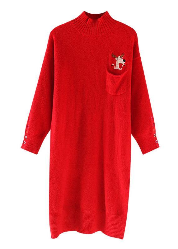 Half High Neck Sweater Spring Weather Red Mujer Knit Dress