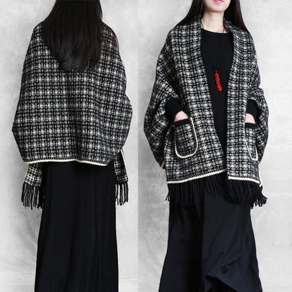 Knitwear Black Batwing Sleeve Tassel Knit Coats