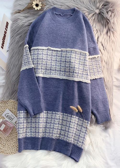 O Neck Sweater Blue Knit Top Pattern Upcycle Patchwork Diy Knit Dress
