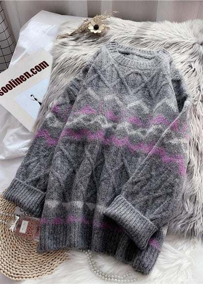 O Neck Sweater Dress Outfit Dark Gray Striped Oversized Knit Dresses
