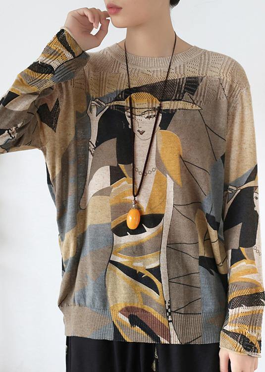 O Neck Yellow Print Sweaters Loose Fitting Batwing Sleeve Knitted Top