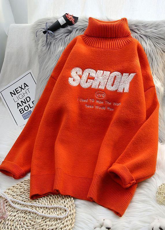 Orange Knitted Clothes Alphabet Oversize High Neck Knit Sweat Tops