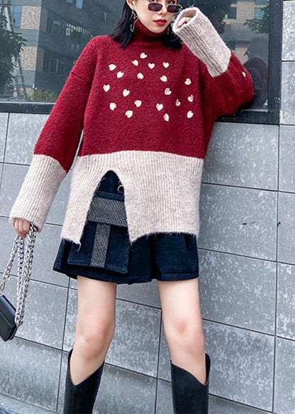 Red Clothes for Side Open Fall Patchwork Knit Sweat Tops