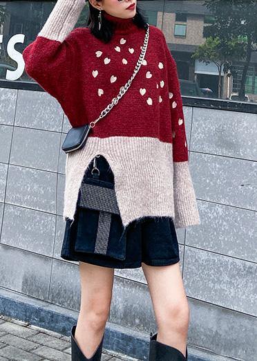 Red Clothes for Side Open Fall Patchwork Knit Sweat Tops