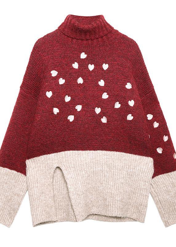 Red Clothes for Side Open Fall Patchwork Knit Sweat Tops