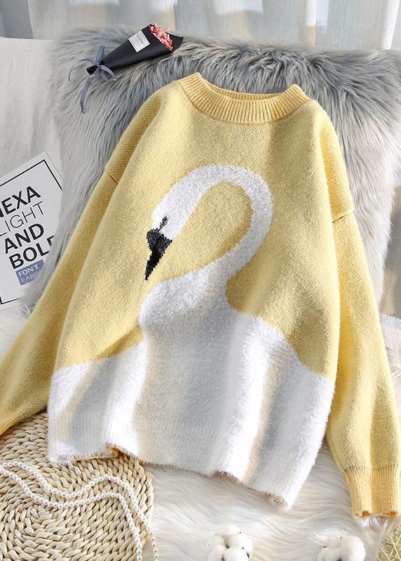 Yellow Knit Tops O Neck Loose Fitting Spring Knit Tops