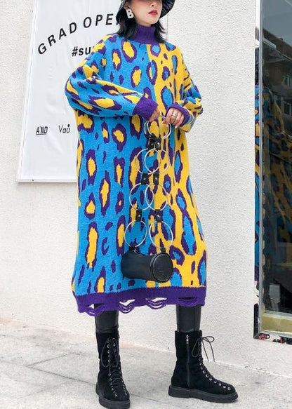 Yellow Prints Sweater Knit Top Pattern Winter Big Patchwork Sweater Dresses