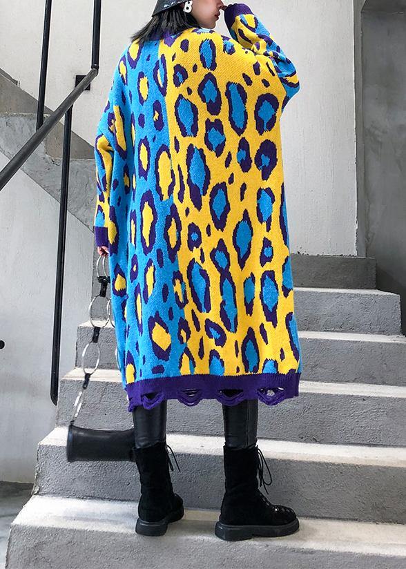 Yellow Prints Sweater Knit Top Pattern Winter Big Patchwork Sweater Dresses