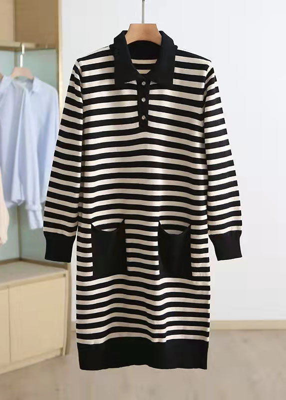 Black Striped Sweater Knit Top Pattern Upcycle Polo Collar Oversized Winter Knitwear