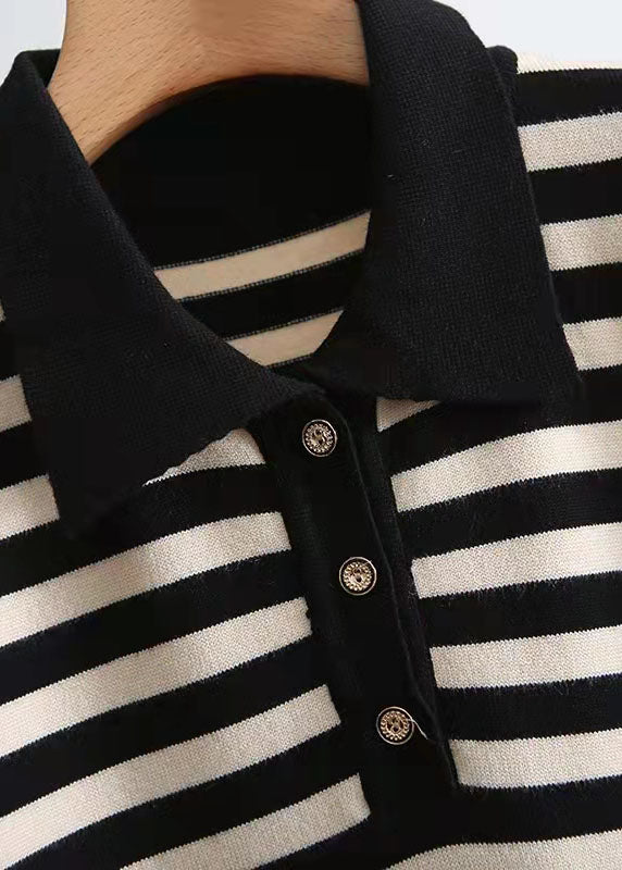 Black Striped Sweater Knit Top Pattern Upcycle Polo Collar Oversized Winter Knitwear