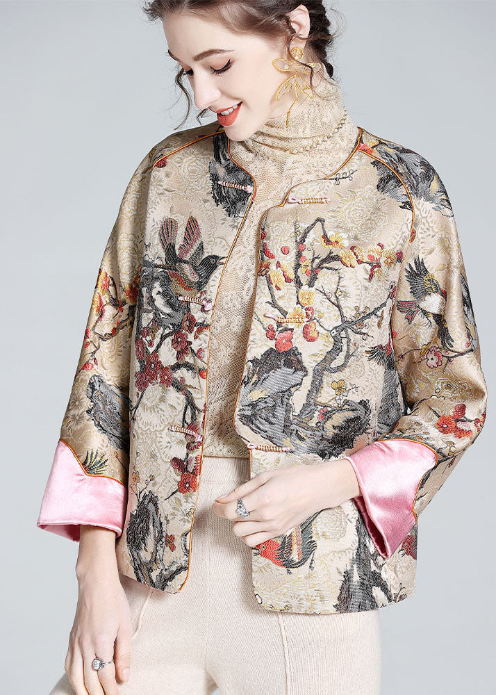 Diy Apricot O-neck Embroideried Patchwork Chinese Button Silk Coats Spring