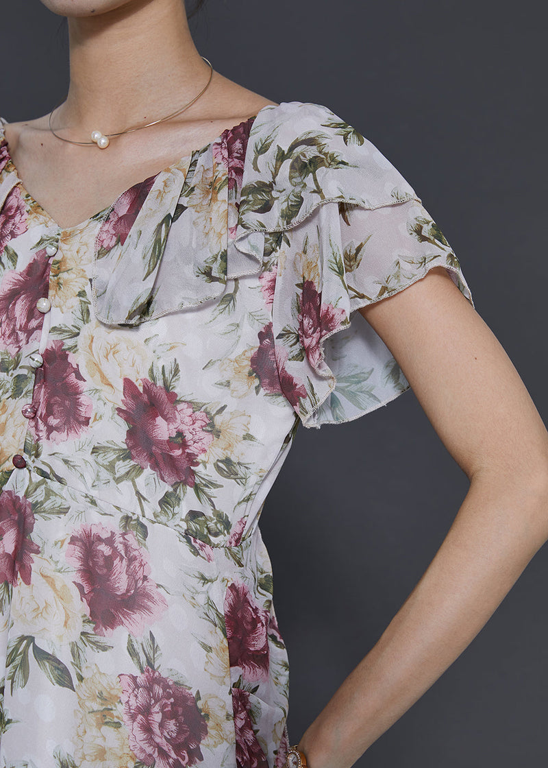 Diy Apricot Ruffled Print Chiffon Dresses Summer