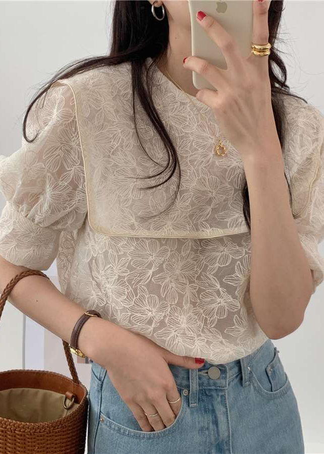 Diy Apricot Sailor Collar Embroideried Cotton Blouse Top Puff Sleeve