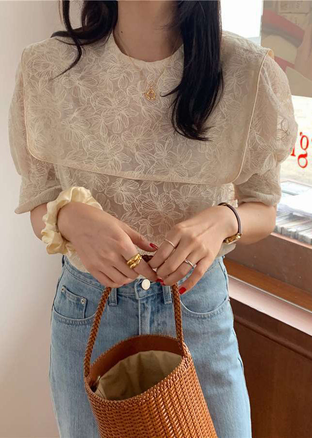 Diy Apricot Sailor Collar Embroideried Cotton Blouse Top Puff Sleeve