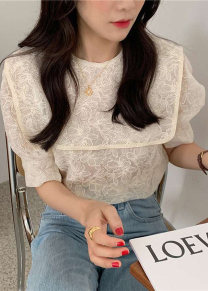 Diy Apricot Sailor Collar Embroideried Cotton Blouse Top Puff Sleeve