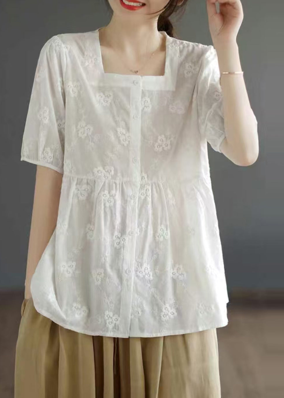 Diy Apricot Square Collar Embroidered Cotton Tops Summer