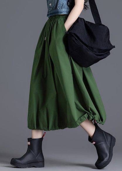 Diy Army Green Elastic Waist Drawstring Cotton Skirt Spring