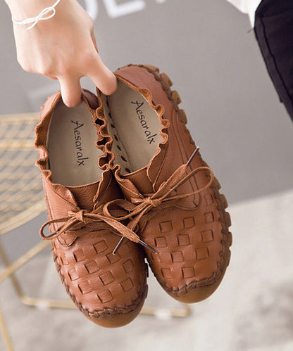 Diy Beige Cowhide Leather Flat Shoes for Knit Fabric Lace Up Flat Shoes