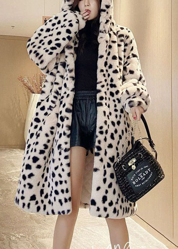 Diy Beige Hooded Leopard Print Fuzzy Fur Fluffy Coat Winter