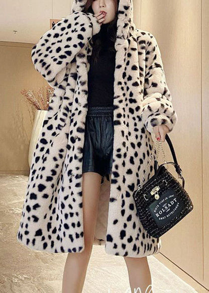 Diy Beige Hooded Leopard Print Fuzzy Fur Fluffy Coat Winter