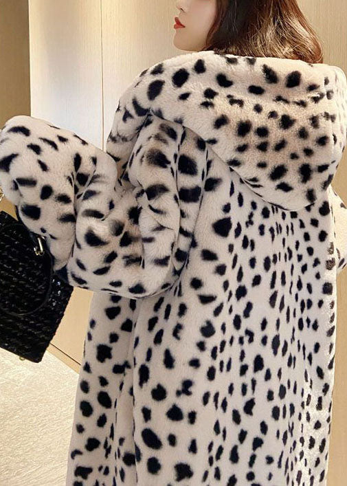 Diy Beige Hooded Leopard Print Fuzzy Fur Fluffy Coat Winter