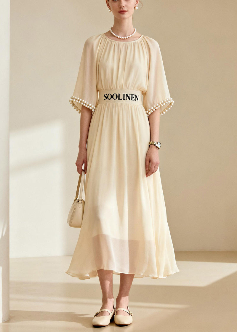 Diy Beige O-neck Nail Bead Tunic Chiffon Maxi Dress Flare Sleeve