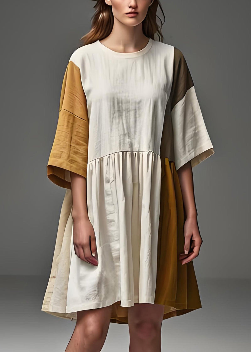 Diy Beige O Neck Wrinkled Patchwork Linen Dresses Summer