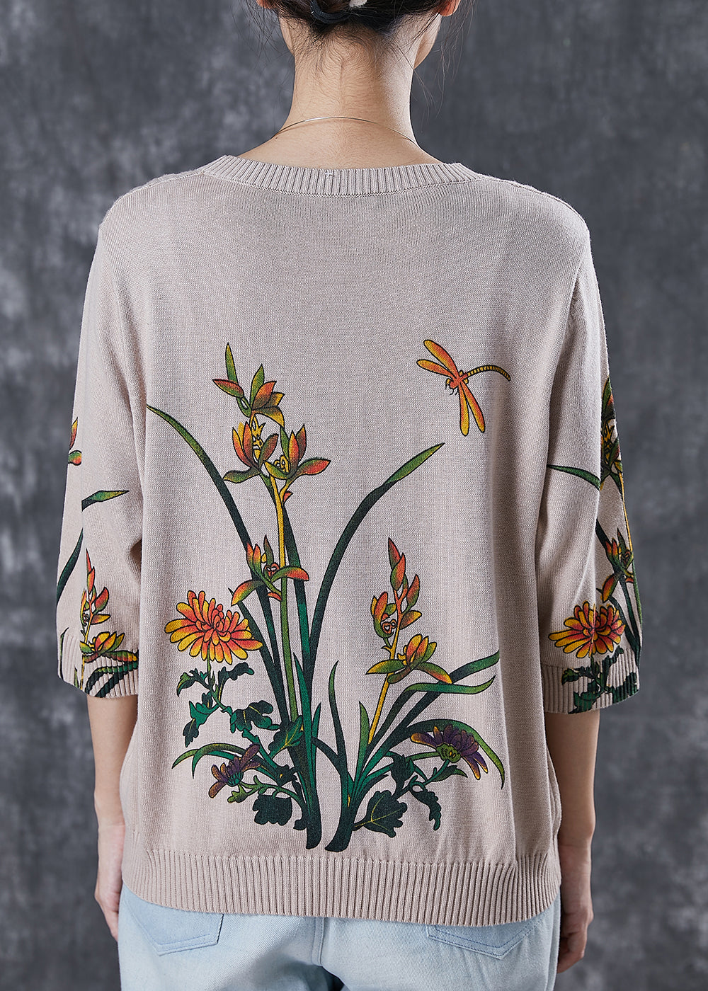 Diy Beige Oversized Print Knitted Tops Spring