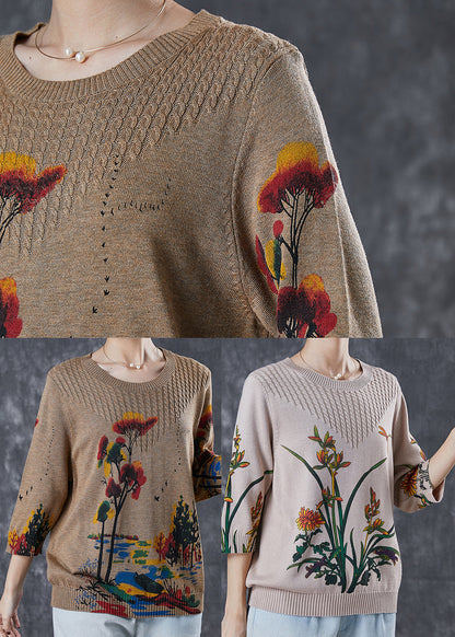Diy Beige Oversized Print Knitted Tops Spring