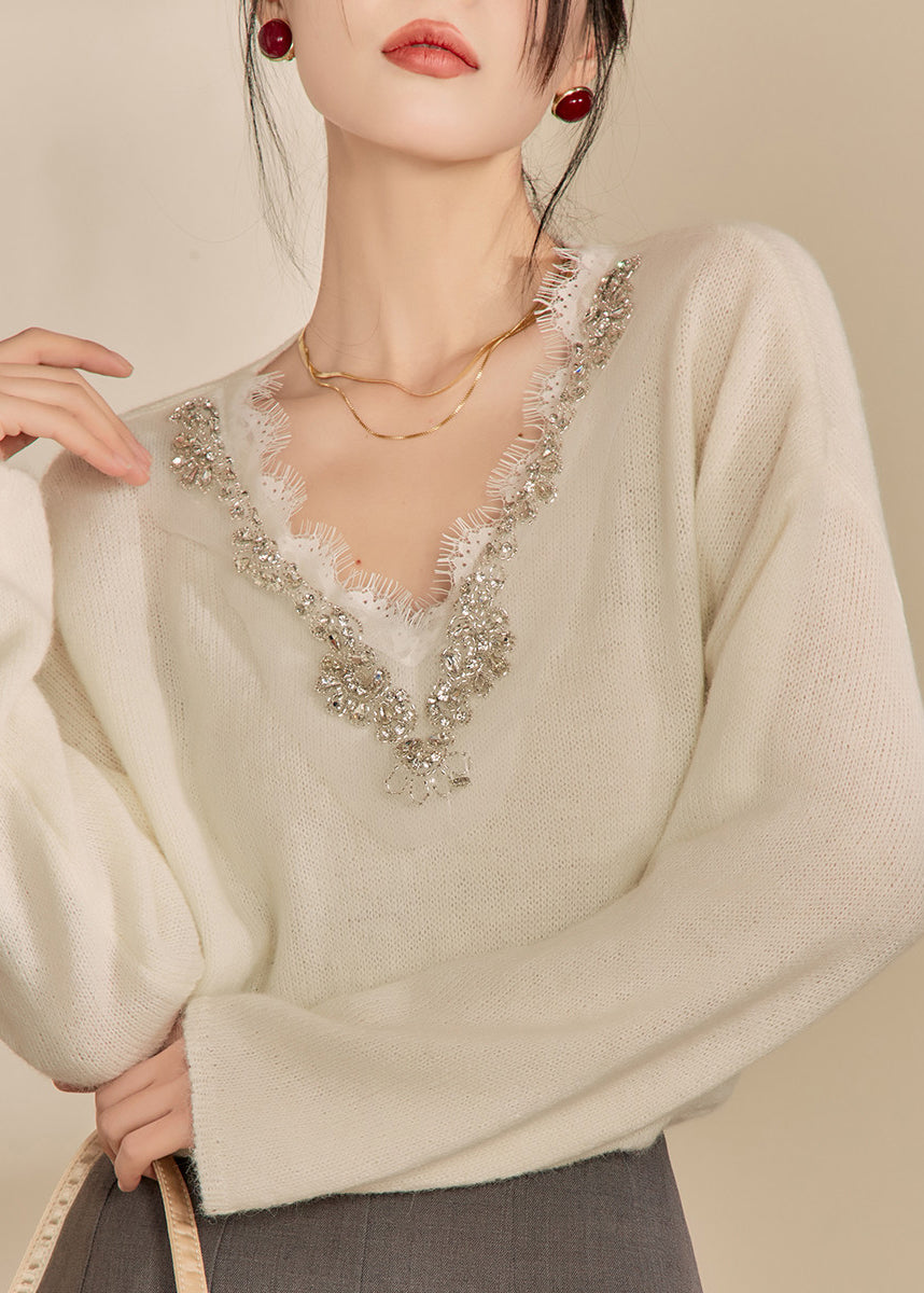 Diy Beige V Neck Lace Patchwork Cozy Cotton Knit Sweaters Spring