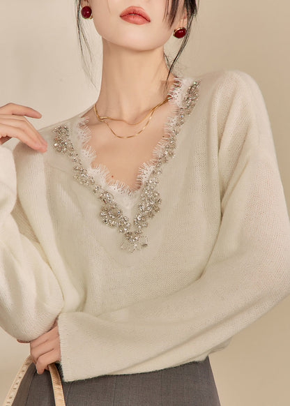 Diy Beige V Neck Lace Patchwork Cozy Cotton Knit Sweaters Spring