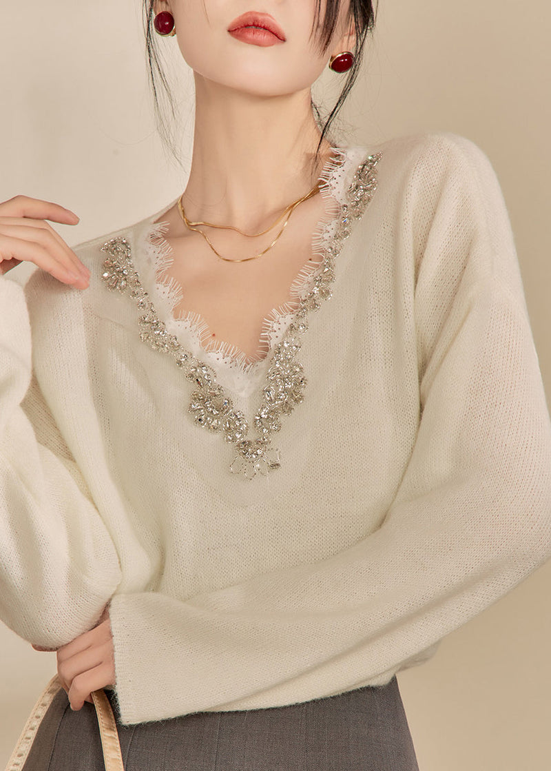 Diy Beige V Neck Lace Patchwork Cozy Cotton Knit Sweaters Spring