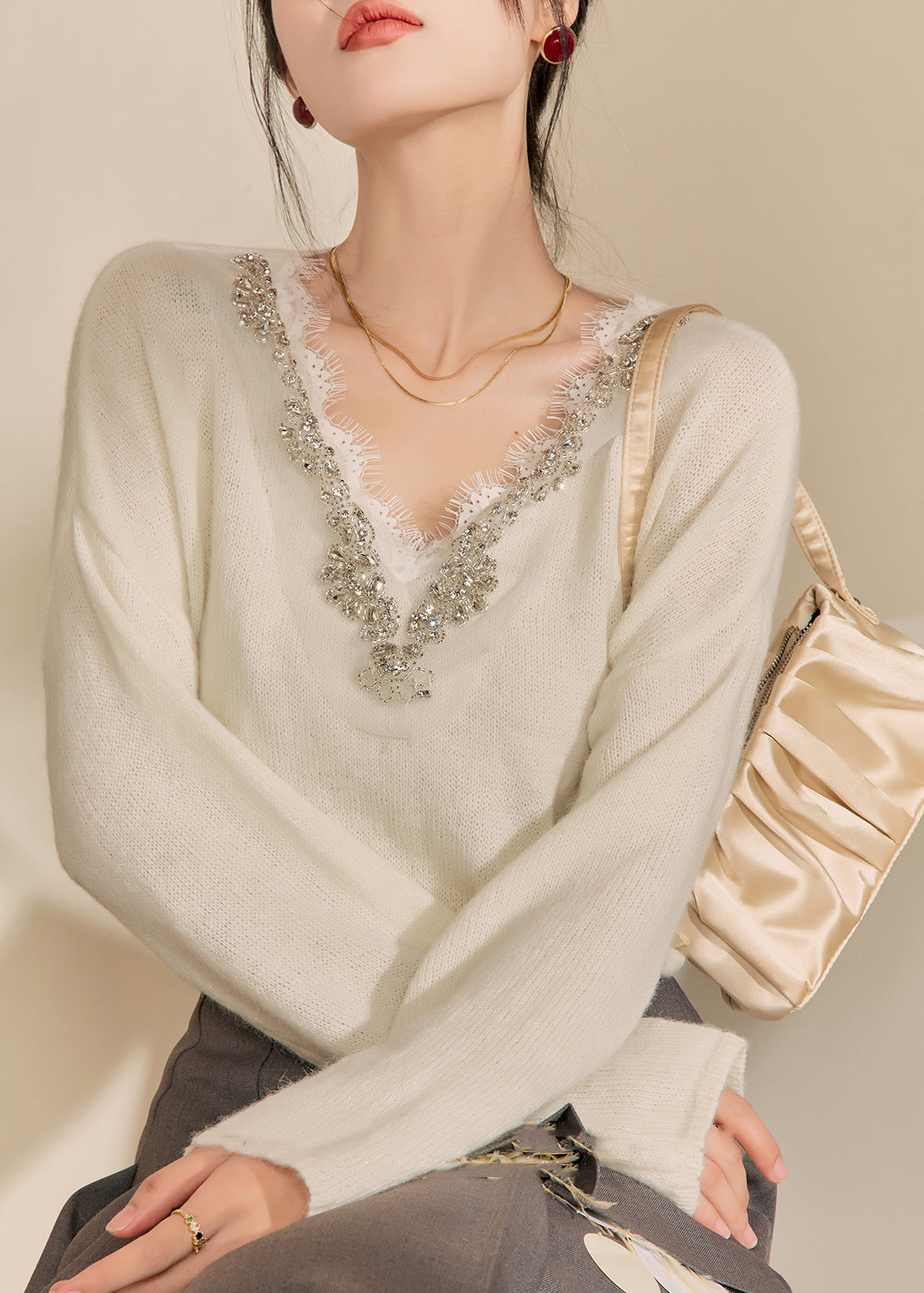 Diy Beige V Neck Lace Patchwork Cozy Cotton Knit Sweaters Spring