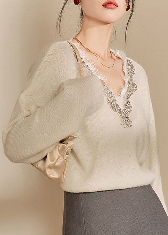 Diy Beige V Neck Lace Patchwork Cozy Cotton Knit Sweaters Spring