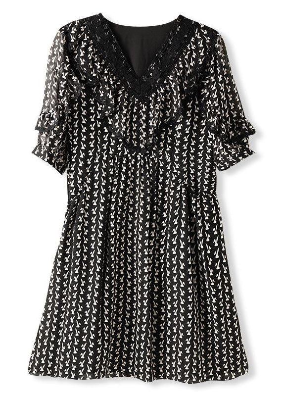 Diy Beige V Neck Ruffled Print Patchwork Chiffon Dresses Summer