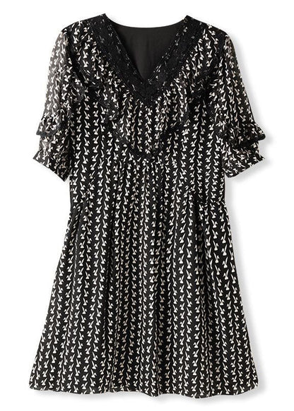 Diy Beige V Neck Ruffled Print Patchwork Chiffon Dresses Summer