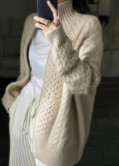 Diy Beige Zip Up Woolen Knitted Tops Coat Winters