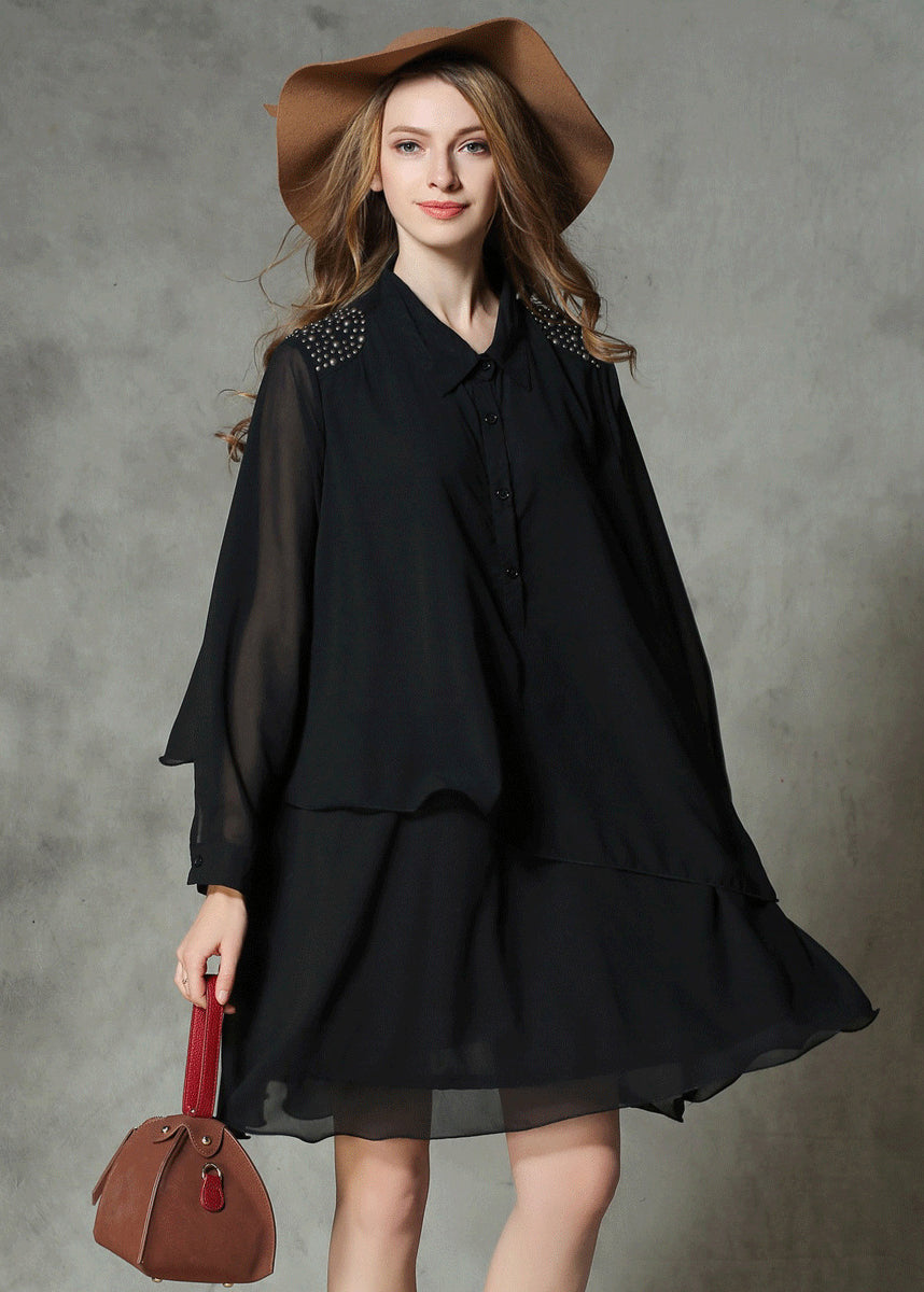 Diy Black Asymmetrical Design Rivet Chiffon a Line Dresses Spring